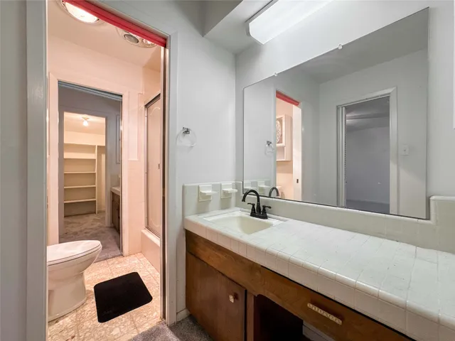 a bathroom with a sink a toilet and a large mirror