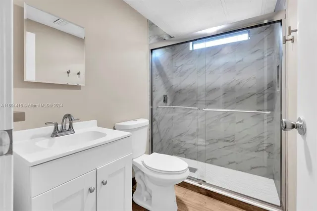 a bathroom with a sink mirror vanity and toilet