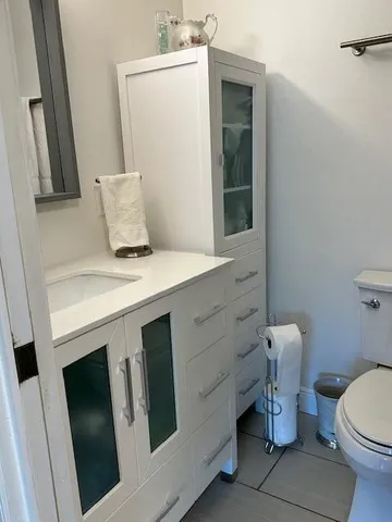 a bathroom with a sink toilet and mirror