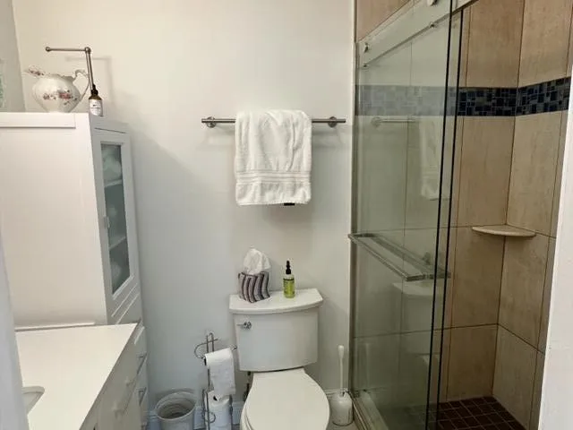 a bathroom with a toilet and a shower