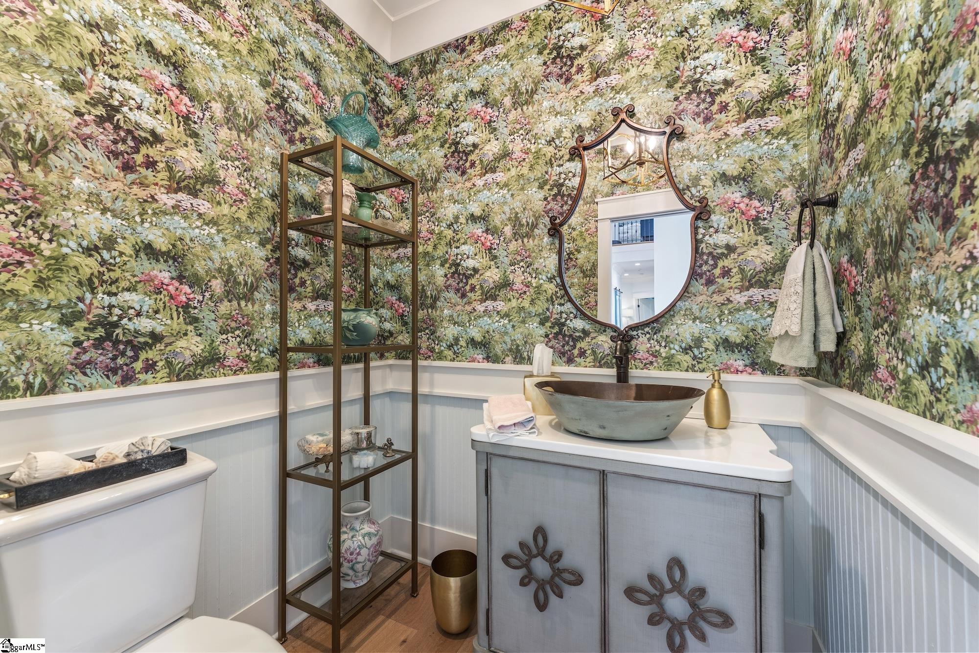 158 Tully Drive Anderson, SC 29621 - Photo 15 of 49 Gorgeous wallpaper and a one-of-a-kind vanity and sink.