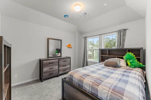 a bedroom with a bed and a dresser