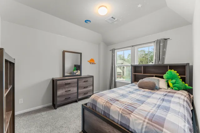 a bedroom with a bed and a dresser