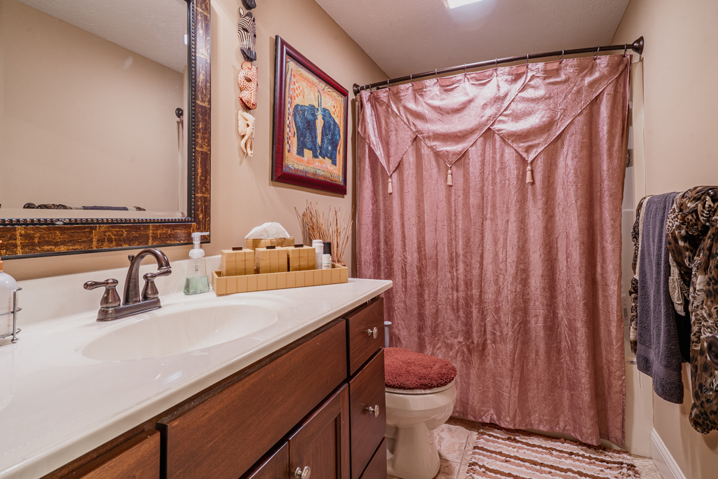 5107 Longfield Road Bloomington, IL 61705 - Photo 23 of 25 a bathroom with a sink a toilet and shower curtain