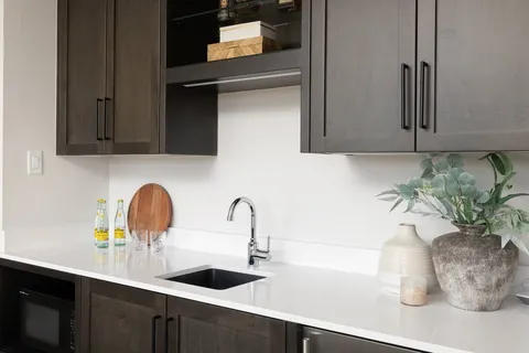 a kitchen with a sink a potted plant and cabinets