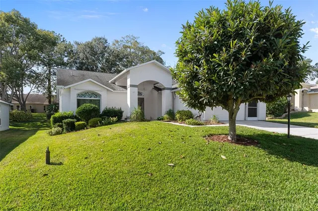 a front view of a house with yard and green space