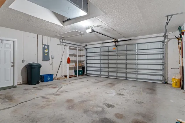 a view of a garage with storage