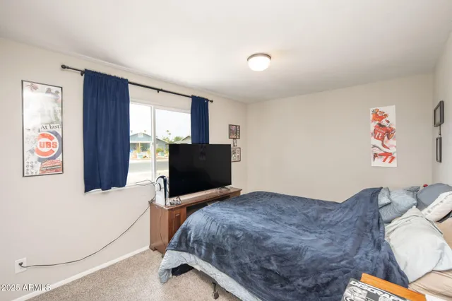 a bedroom with a bed and a flat screen tv