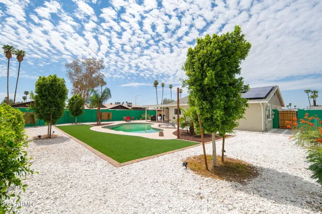 a park with potted plants and a large tree