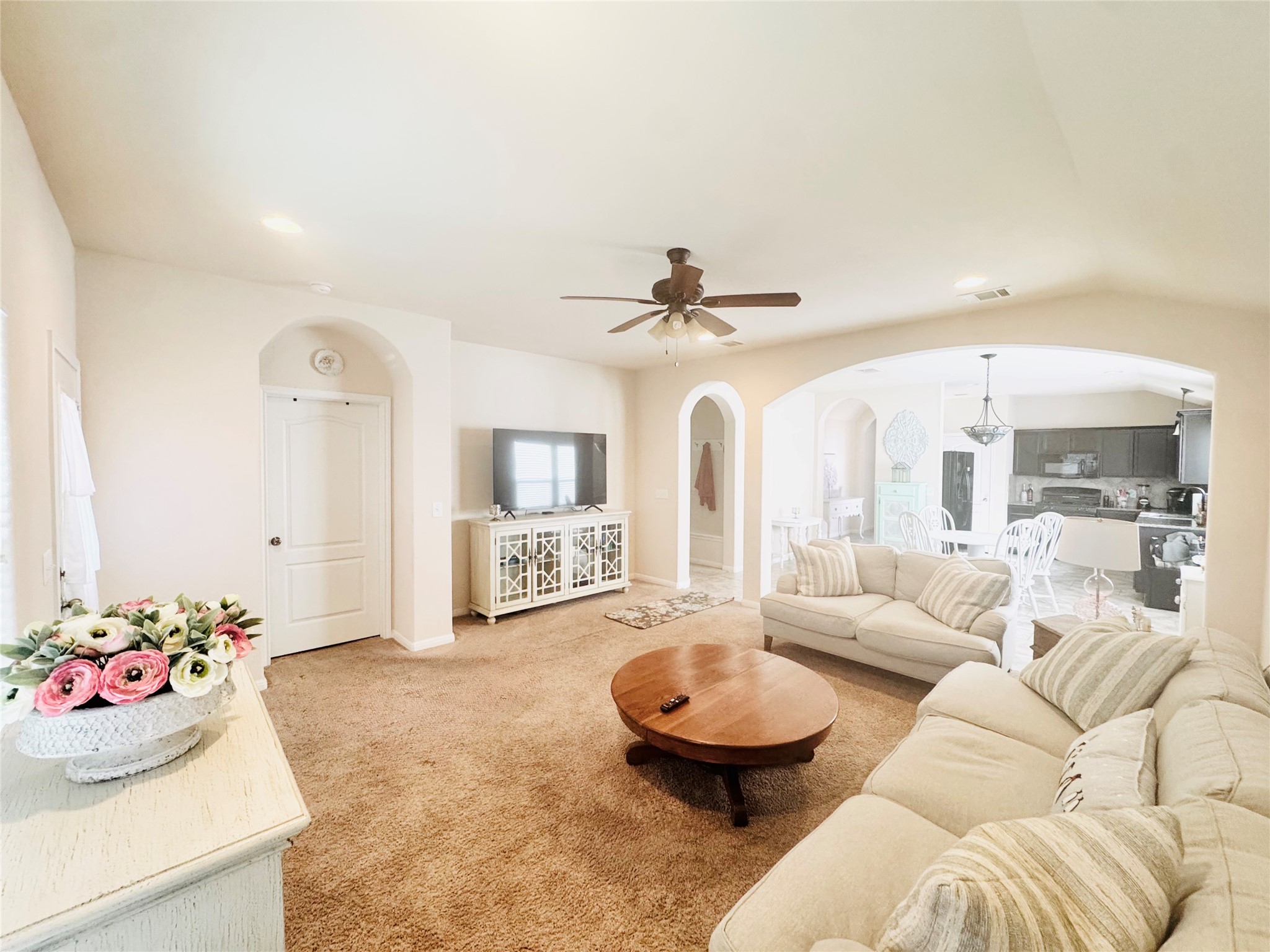 413 Gettysburg Loop Elgin, TX 78621 - Photo 17 of 32 Carpeted living area with arched walkways, plenty of natural light, ceiling fan, and recessed lighting