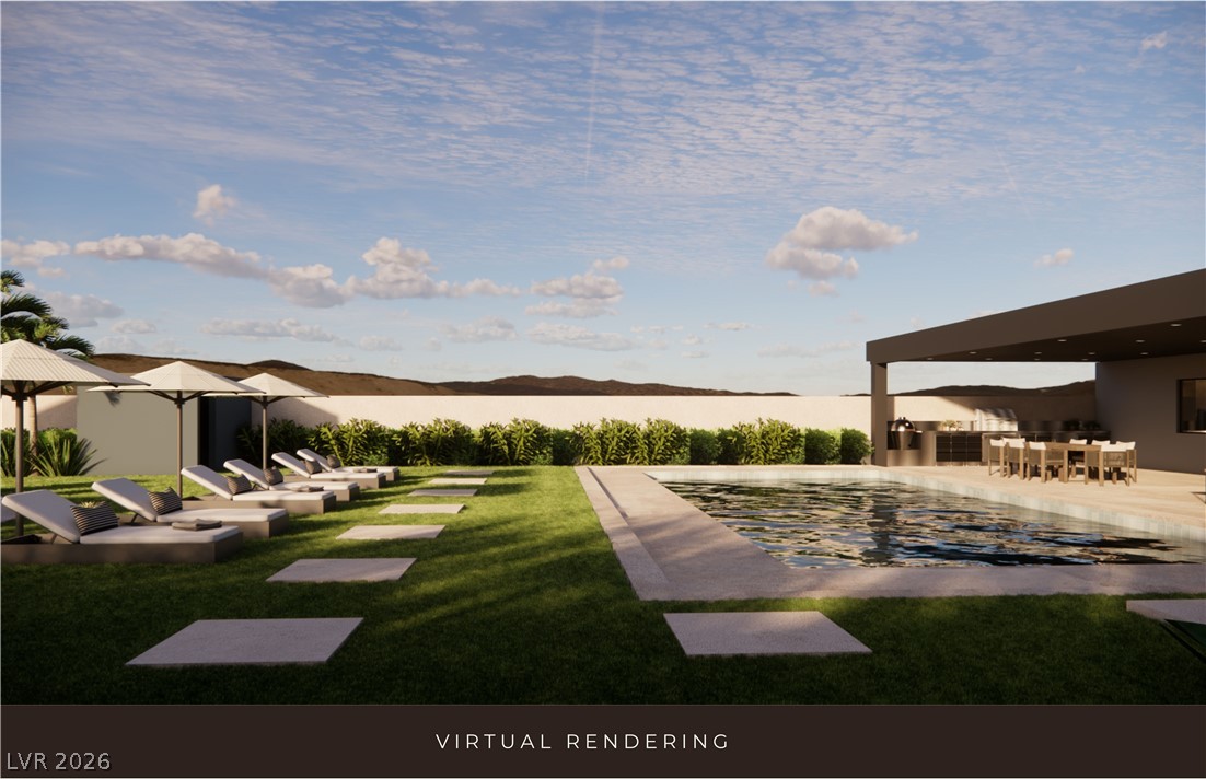 153 Montevallo Bnd Street Henderson, NV 89015 - Photo 62 of 65 View of grassy yard featuring a patio area, outdoor dining area, and an outdoor pool