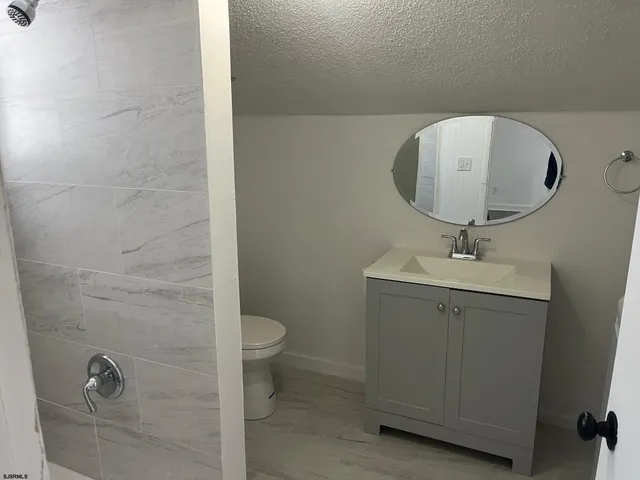 a bathroom with a sink a toilet and mirror