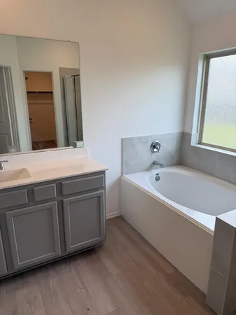 a bathroom with a bathtub sink and mirror