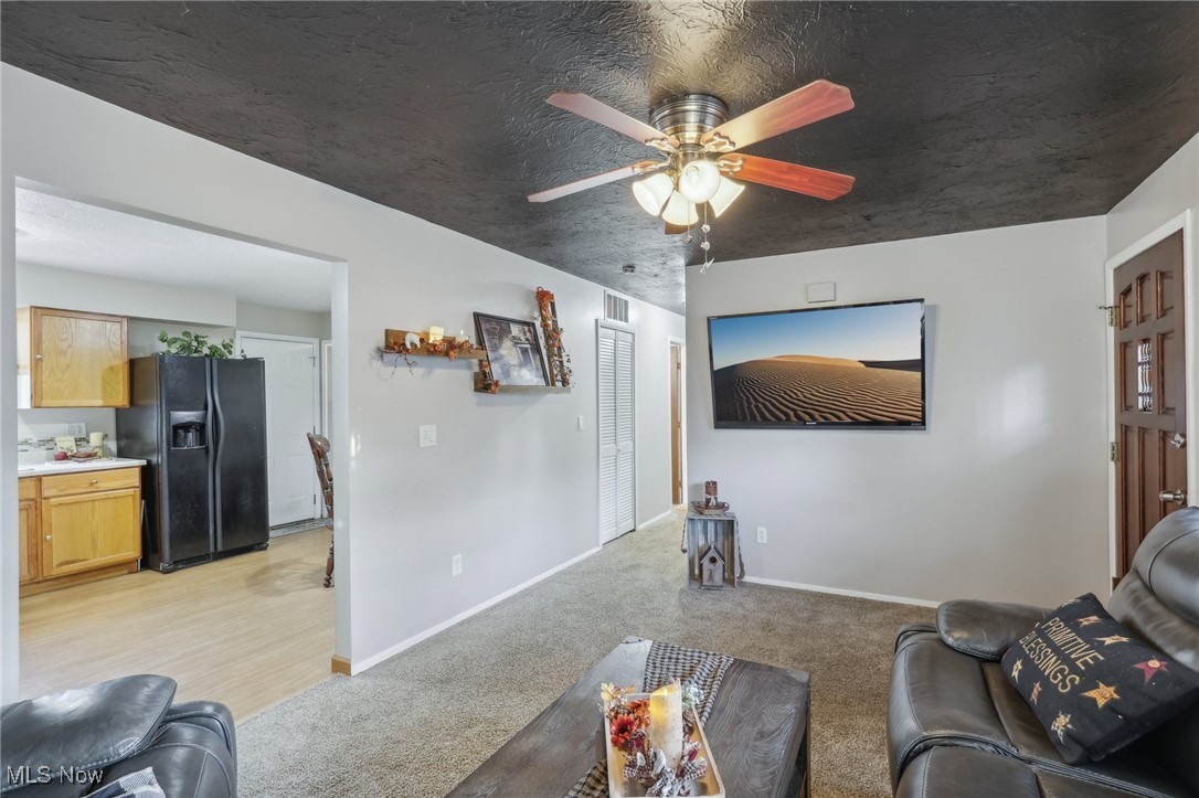 167 Birch Road Painesville, OH 44077 - Photo 8 of 49 Carpeted living room with a textured ceiling and ceiling fan
