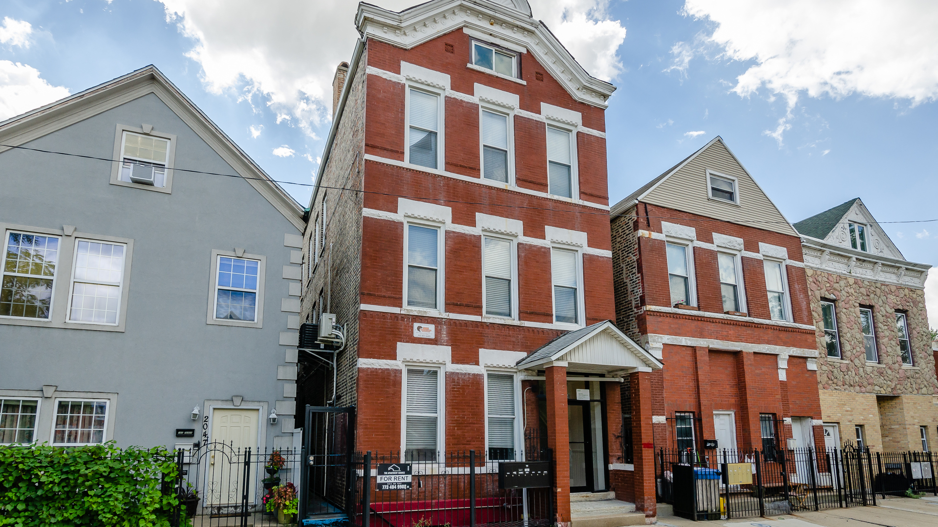 a front view of a brick building