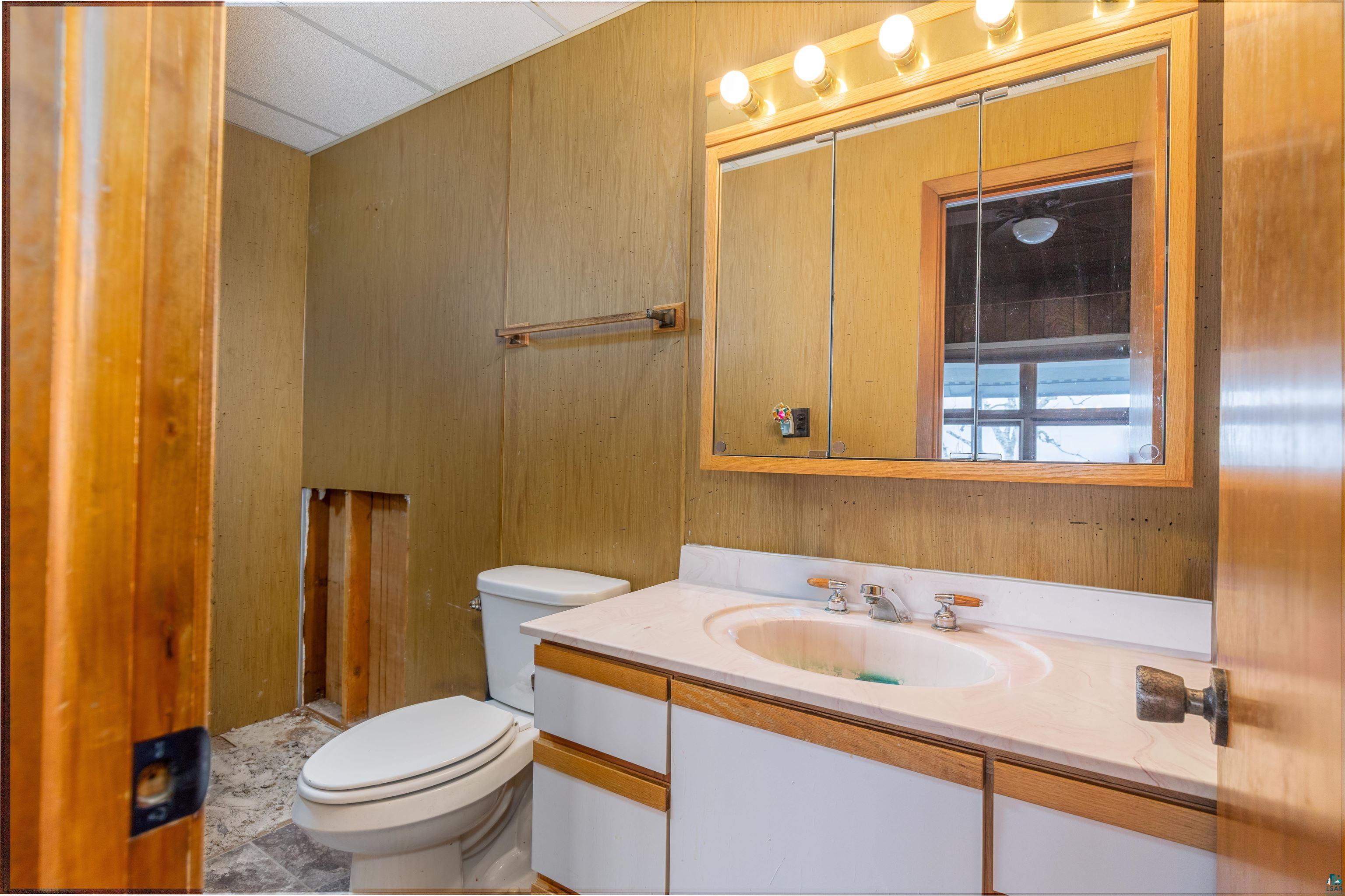 2641 Priest Point Road Ely, MN 55731 - Photo 32 of 38 Half bathroom featuring vanity and wooden walls