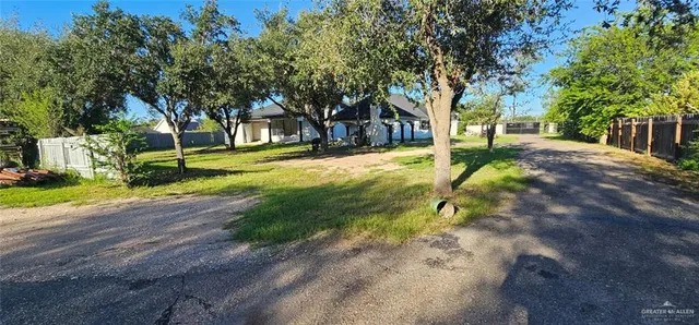 a view of a yard with plants and trees