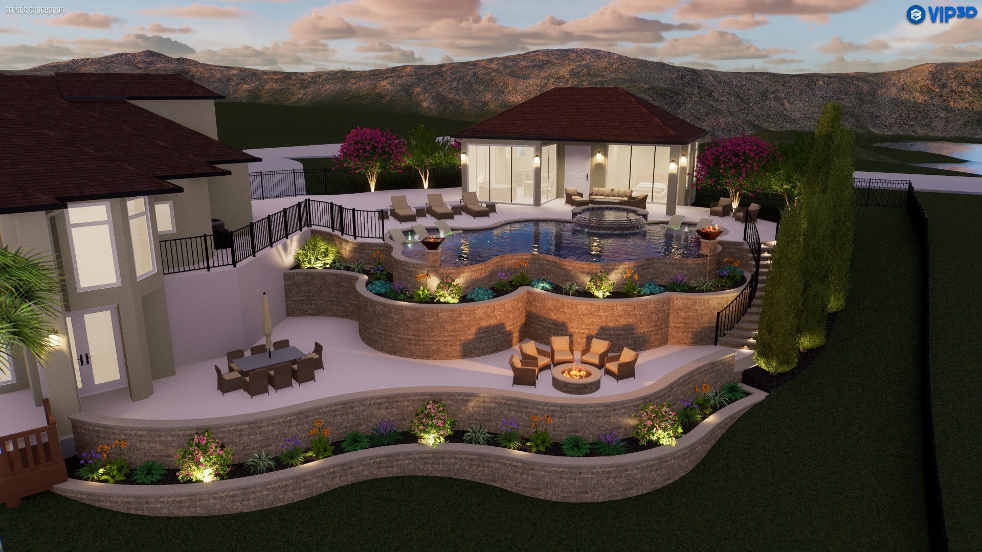 10896 Decatur Street Willis, TX 77318 - Photo 48 of 50 Rendering of luxury and tranquility in this stunning backyard oasis featuring a multi-tiered patio, modern pool, and cozy fire pit area, all set against breathtaking views of rolling hills—perfect for relaxation and entertaining.