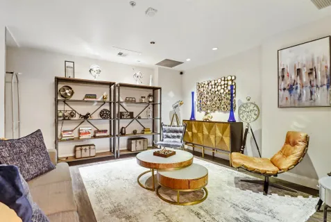 a living room with furniture and a rug