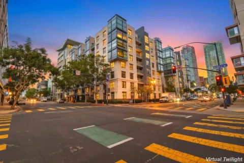 a view of a building and a street