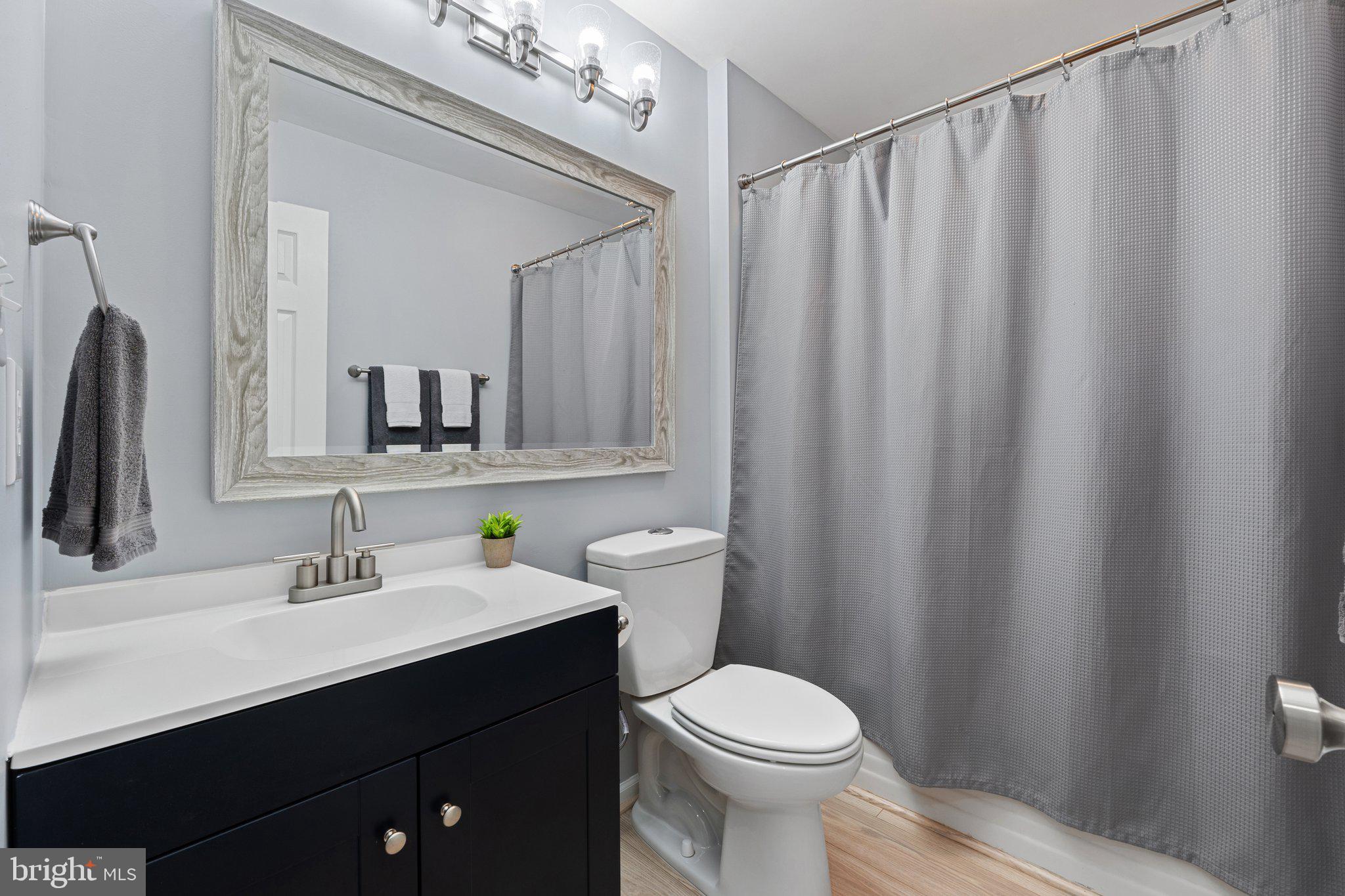 1420 Fishel Road Winchester, VA 22602 - Photo 21 of 34 a bathroom with a sink a toilet a mirror and shower curtain