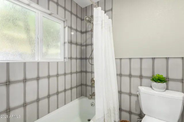 a bath room with a shower and a toilet