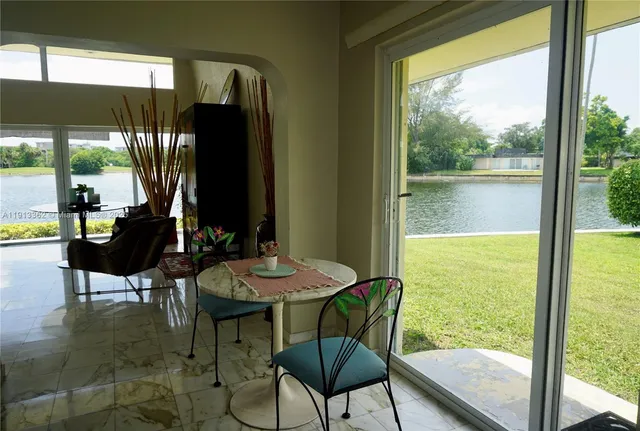 a view of a dining room with furniture window and outside view