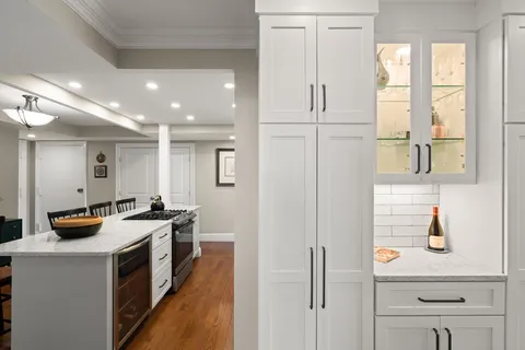 a view of a kitchen with a window