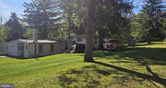 a view of a backyard with large trees