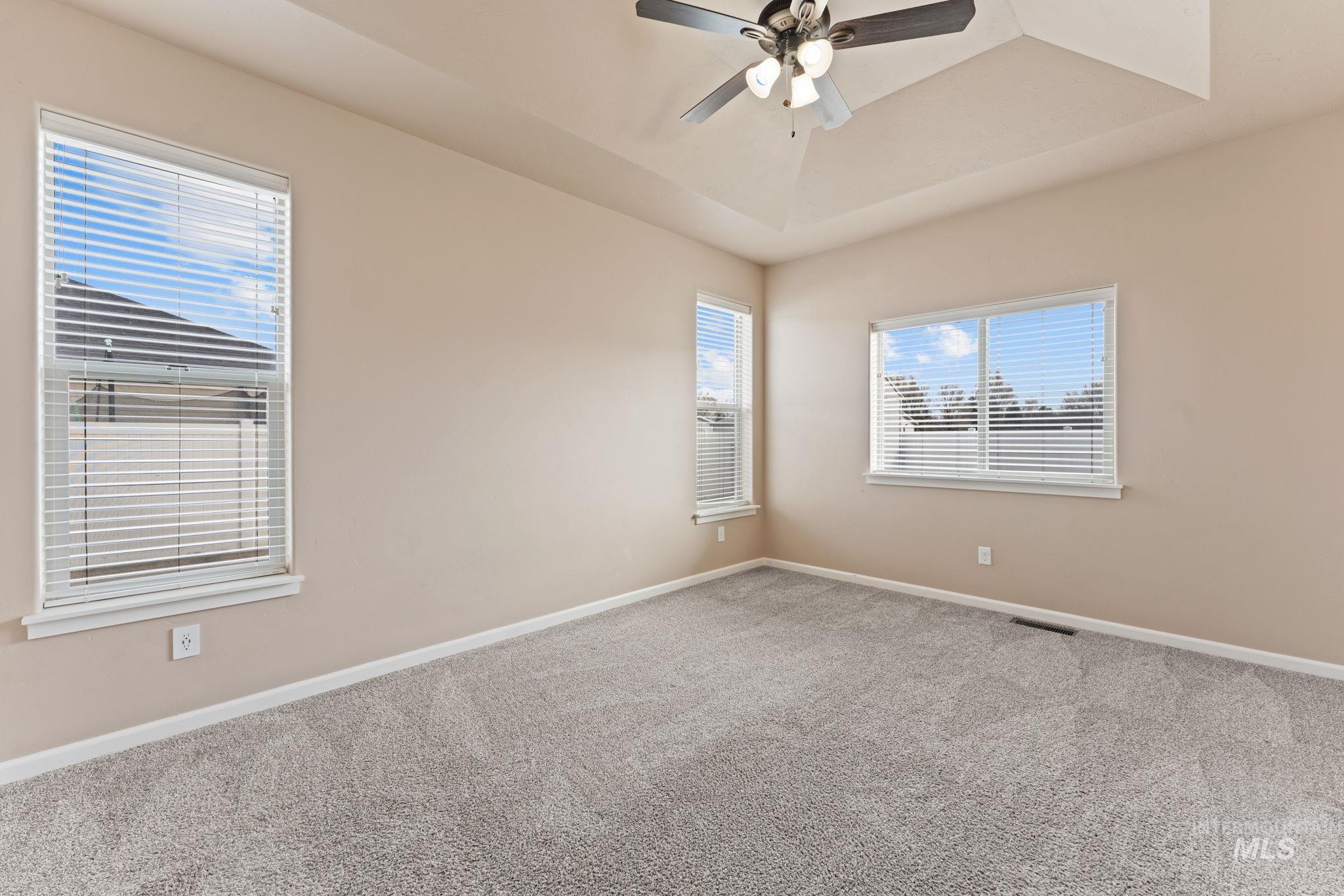 1001 13th Street Rupert, ID 83350 - Photo 14 of 40 Carpeted spare room featuring a raised ceiling and a ceiling fan