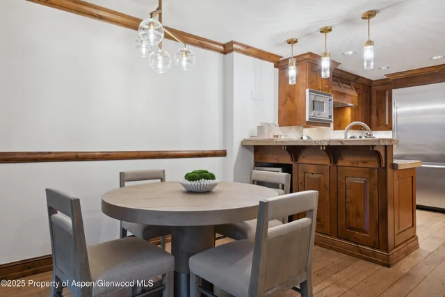 a view of a dining room with furniture