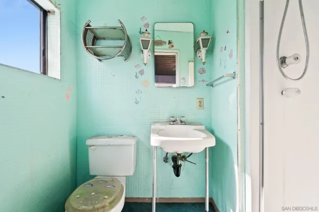a bathroom with a sink toilet and mirror