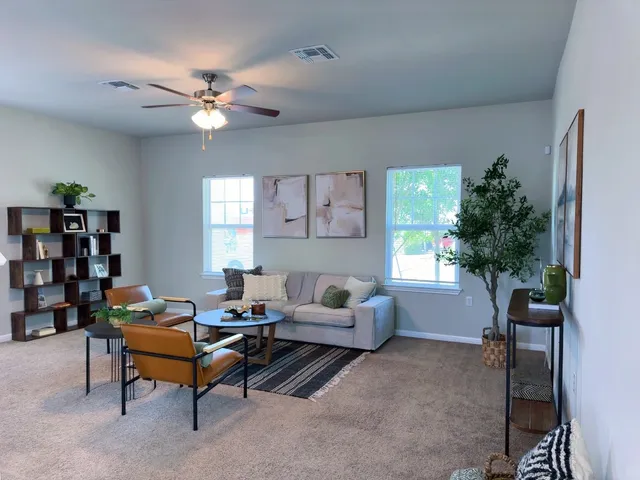 a living room with furniture and a potted plant