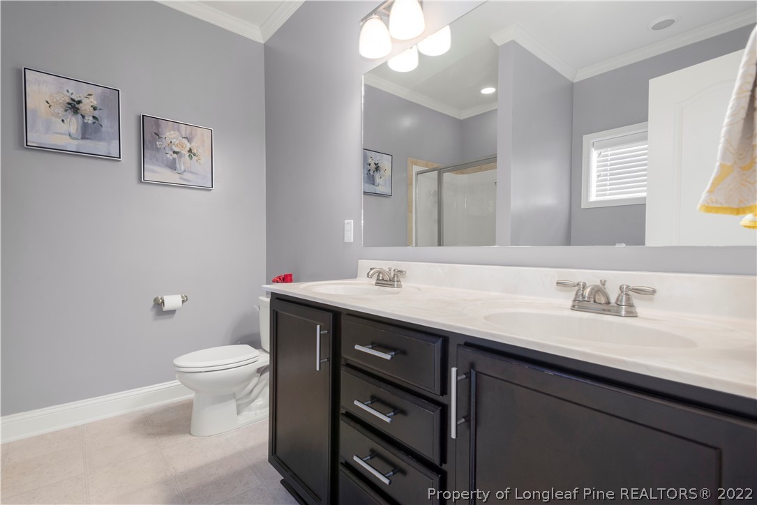 207 Samuel Nicholas Drive Cameron, NC 28326 - Photo 20 of 31 a bathroom with a granite countertop sink a toilet and a mirror