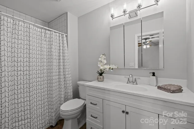 a bathroom with a granite countertop sink a toilet and a mirror