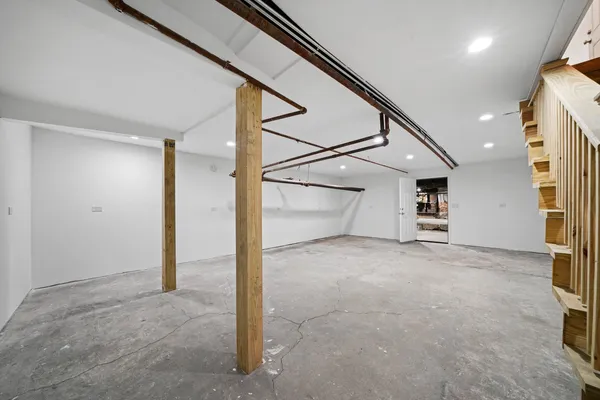 a view of a garage with storage