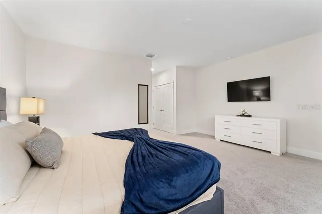 a bedroom with a bed and flat screen tv