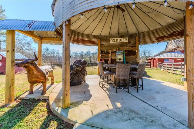 an outdoor space with seating