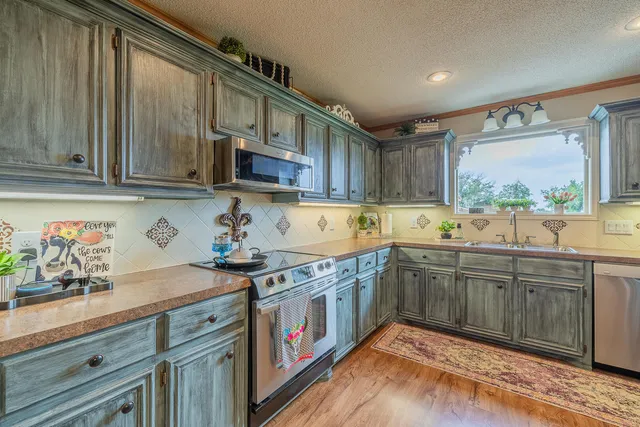 a kitchen with stainless steel appliances granite countertop a stove a sink and a microwave