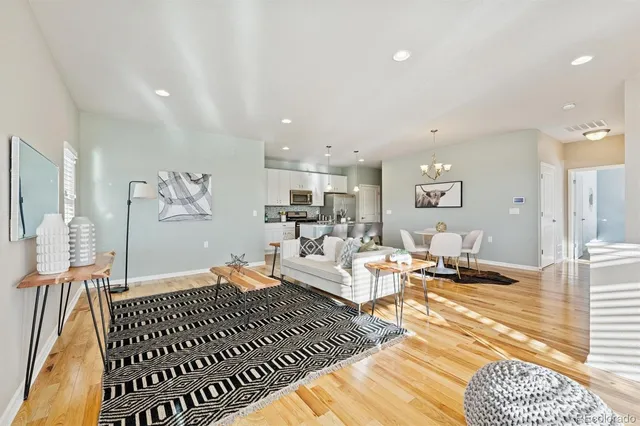 a view of a dining room with furniture