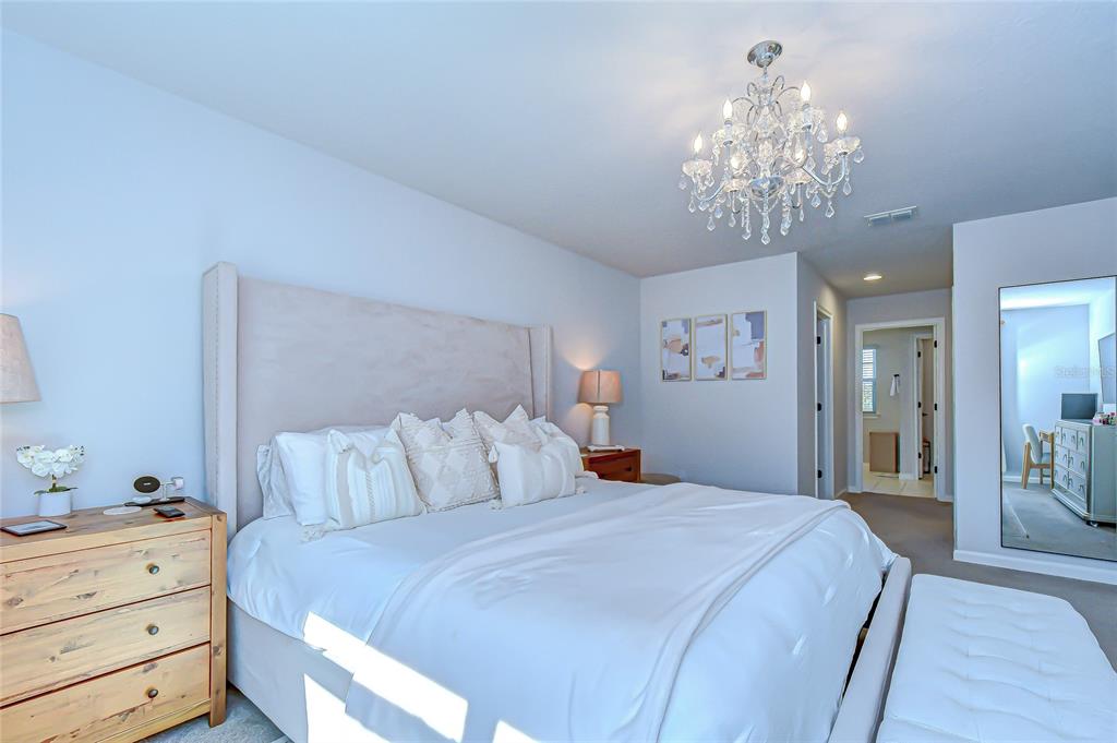 11724 Wrought Pine Loop Riverview, FL 33569 - Photo 21 of 44 a spacious bedroom with a bed and a chandelier