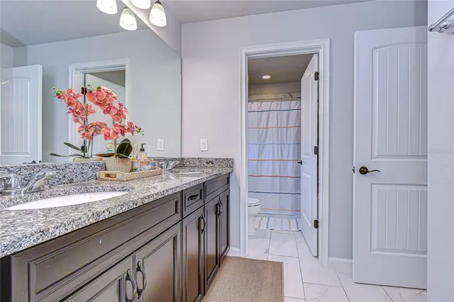 a bathroom with a granite countertop sink and a mirror