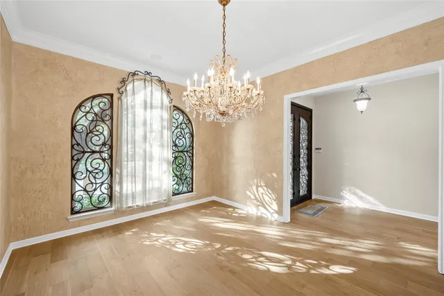 a view of a chandelier in a room