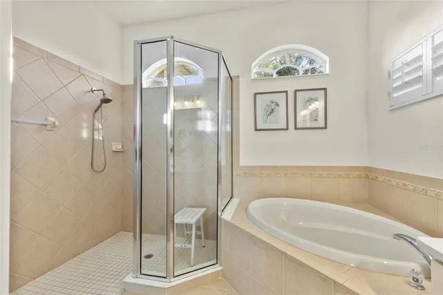 a bathroom with a bathtub and a shower