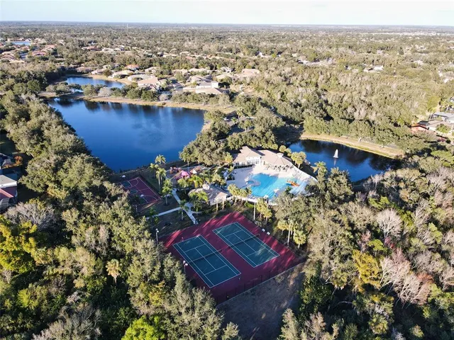 an aerial view of a house with a yard and lake view