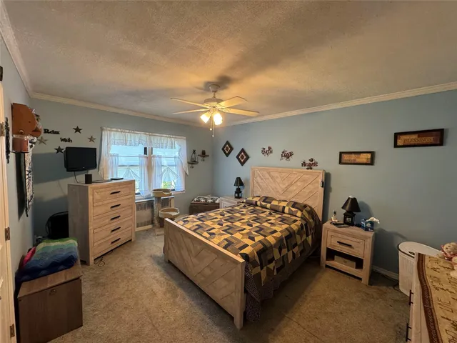 a bedroom with a bed and furniture