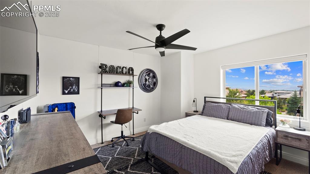 13625 Random Ridge View Colorado Springs, CO 80921 - Photo 35 of 50 a bed room with a bed a desk and a chandelier