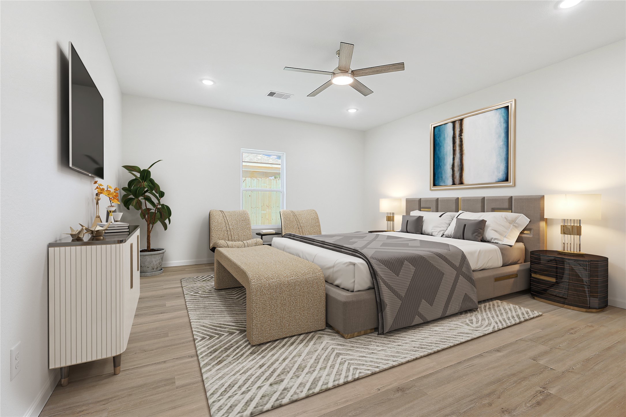 2317 Cedar Street Pearland, TX 77581 - Photo 17 of 33 a spacious bedroom with a bed and a chandelier