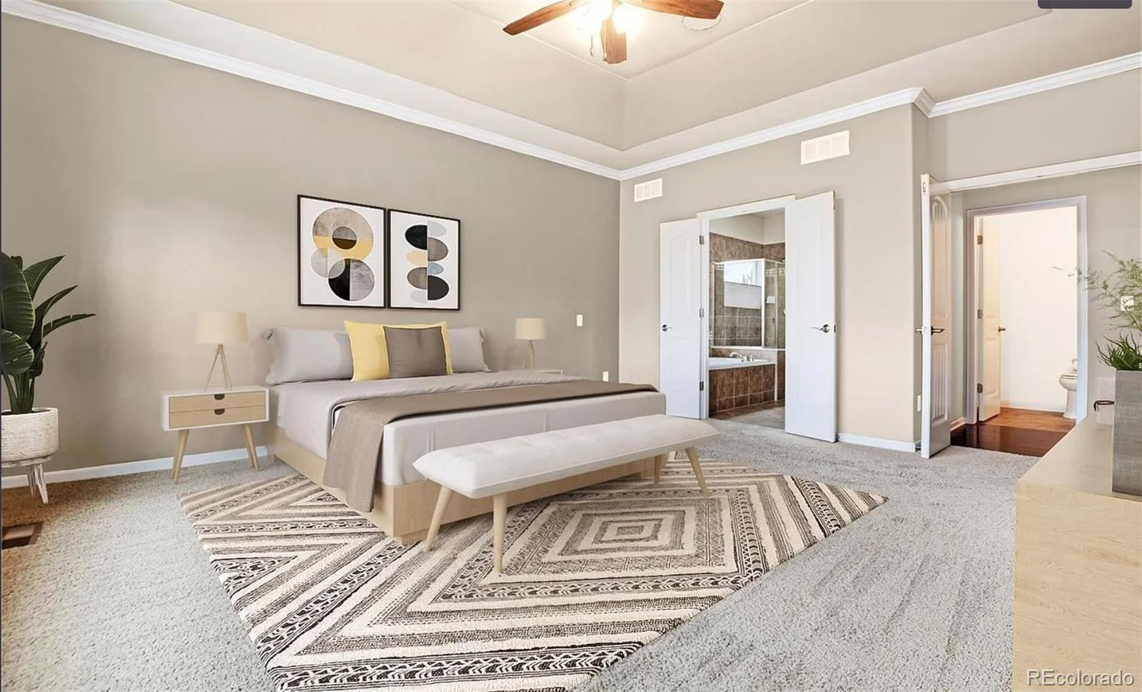 27235 East Lakeview Place Aurora, CO 80016 - Photo 13 of 22 a bedroom with a large bed and a chandelier