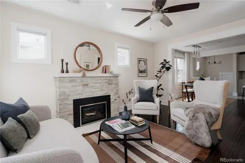 a living room with furniture a fireplace and a potted plant